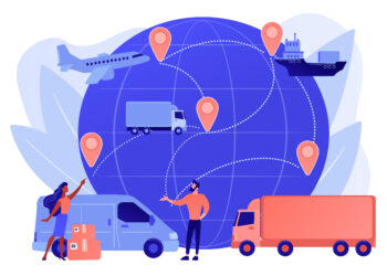 Internet store goods international shipment. Global transportation system, worldwide logistics and distribution, worldwide delivery service concept. Pinkish coral bluevector isolated illustration